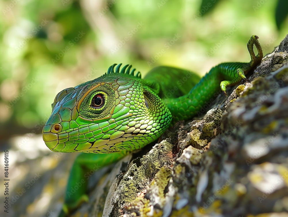 Fototapeta premium Close up of Pseudocalotes lizard with natural background, tree closeup