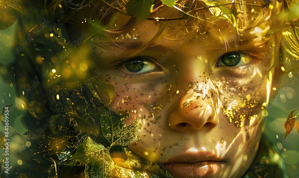 A boy with blue eyes surrounded by leaves. A boy with blue eyes surrounded by leaves.