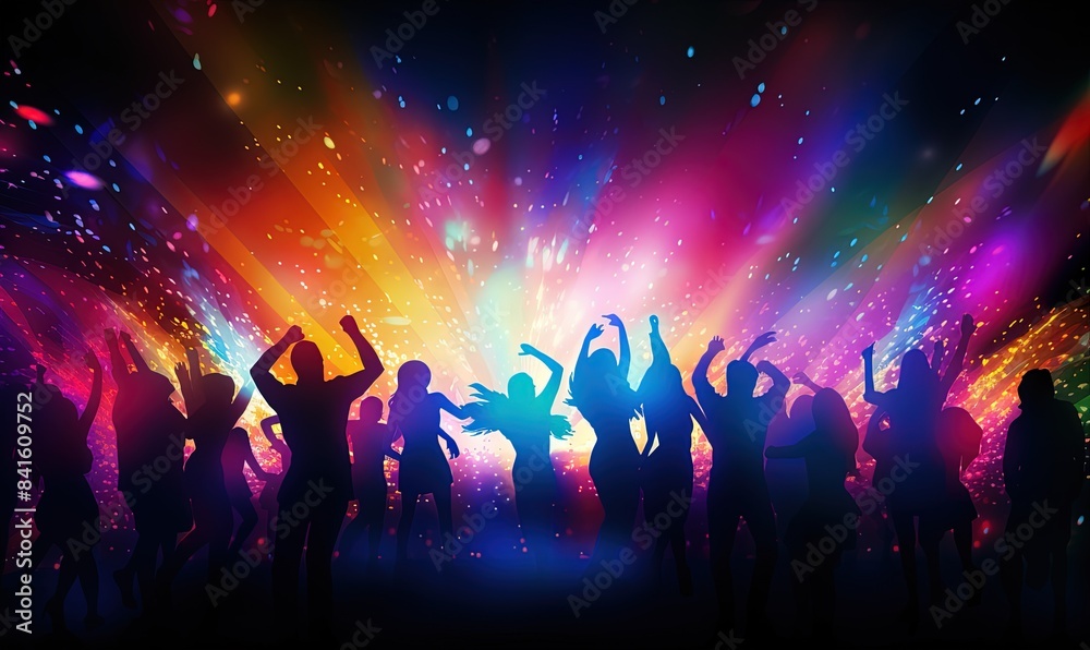 Silhouettes of dancing youth in the light of multicolored disco lights. Party, fun, dancing