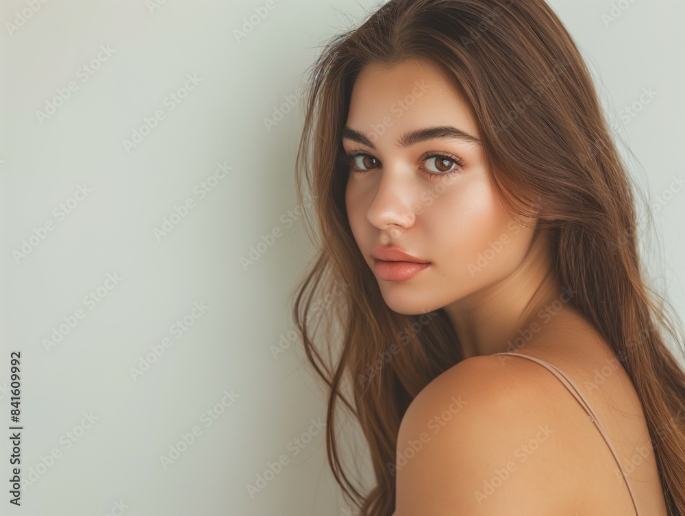Naklejka premium Beautiful Woman with perfect skin Portrait. Brunette Girl, empty copy space