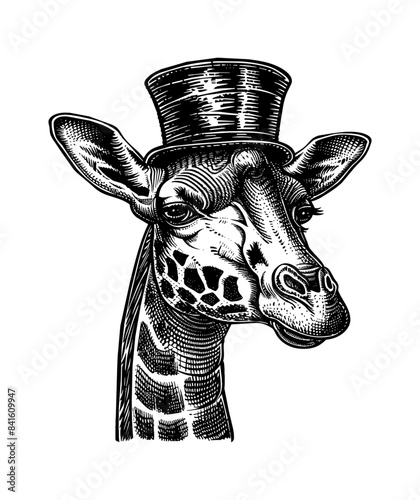 giraffe, wears retro top hat engraving black and white outline