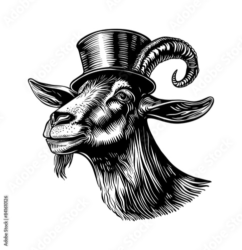 goat, wears retro top hat engraving black and white outline