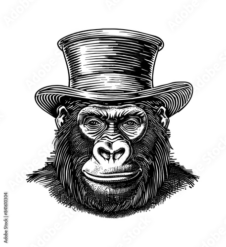 gorilla, wears retro top hat engraving black and white outline