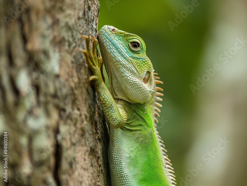 Close up of Pseudocalotes lizard with natural background, tree closeup photo