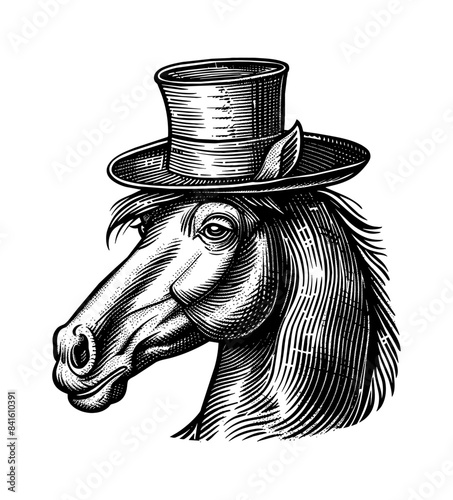 horse, wears retro top hat engraving black and white outline