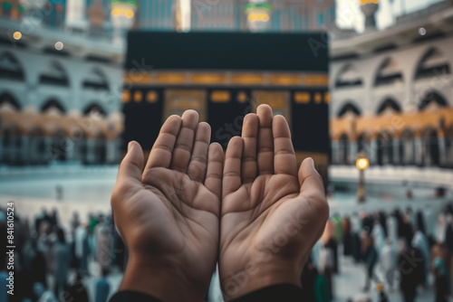 muslim raising hands for prayers in front of kaaba. photo