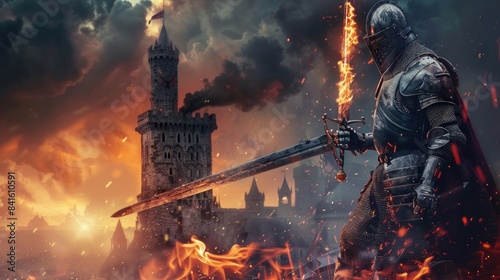 fantasy medieval knight with armor and helmet holding fire sword ready to fight on castle background