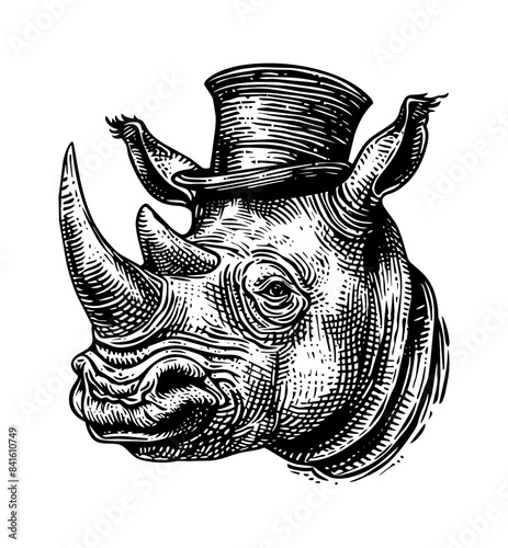 rhino, wears retro top hat engraving black and white outline