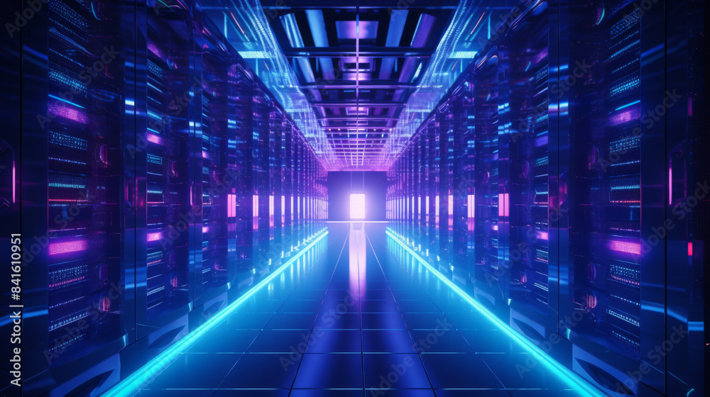 A long hallway with neon lights and a door in the middle A long hallway with neon lights and a door in the middle