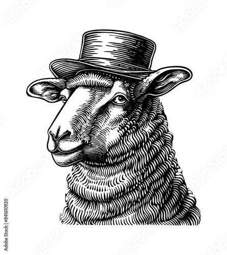 sheep, wears retro top hat engraving black and white outline