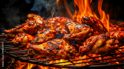 Grilled chicken wings over open flames on a charcoal grill