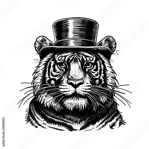tiger, wears retro top hat engraving black and white outline
