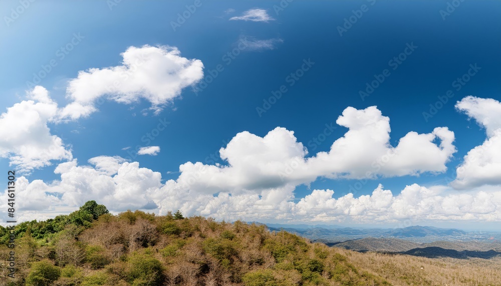 Blue sky with white clouds, panoramic view, clean background, large area blank on the right Blue sky with white clouds, panoramic view, clean background, large area blank on the right