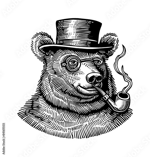 bear, wears top hat and smoking pipe engraving black and white outline