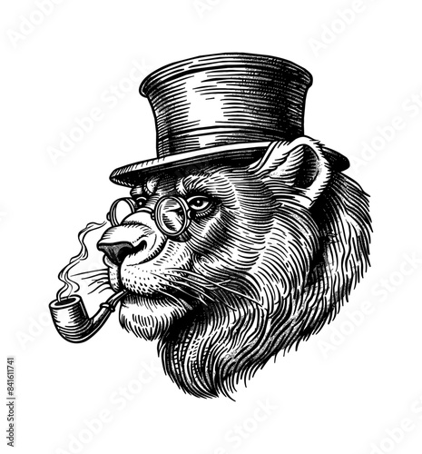 lion, wears top hat and smoking pipe engraving black and white outline