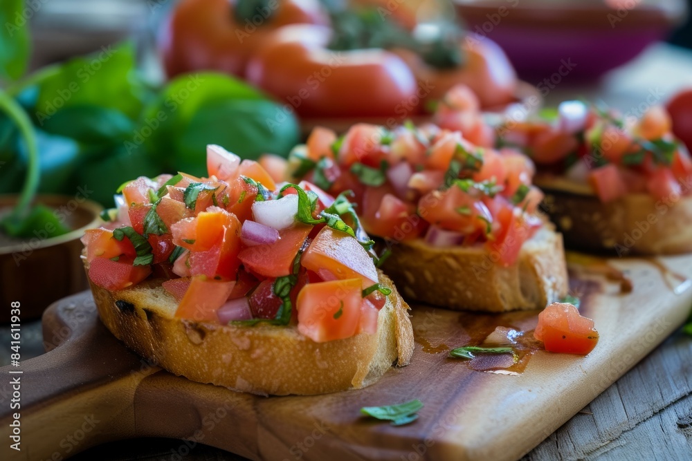 Vibrant tomato bruschetta topped with basil on a rustic wood surface, perfect for culinary themes Vibrant tomato bruschetta topped with basil on a rustic wood surface, perfect for culinary themes