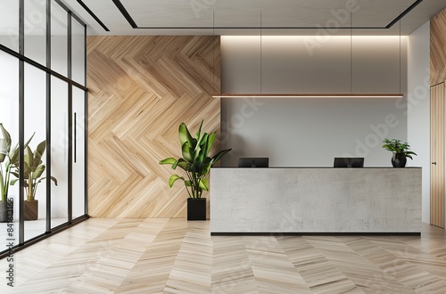 Minimalist Interior Design of a Modern Medical Clinic with Light Wood Paneling, White Reception Desk, and Arched Windows. Featuring Minimal Beige Walls, Herringbone Parquet Flooring.