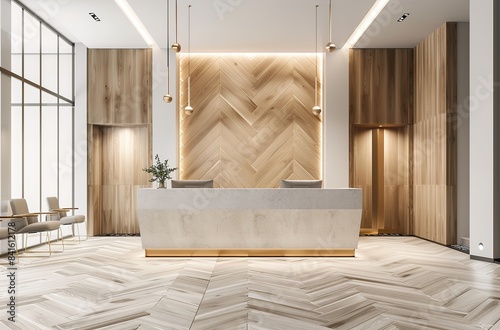 Minimalist Interior Design of a Modern Medical Clinic with Light Wood Paneling, White Reception Desk, and Arched Windows. Featuring Minimal Beige Walls, Herringbone Parquet Flooring.
