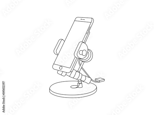 Mobile Phone Holder Outline icon vector. Desk cell phone stand holder vector design. Mobile Phone Holder With Phone Outline isolated white background  photo