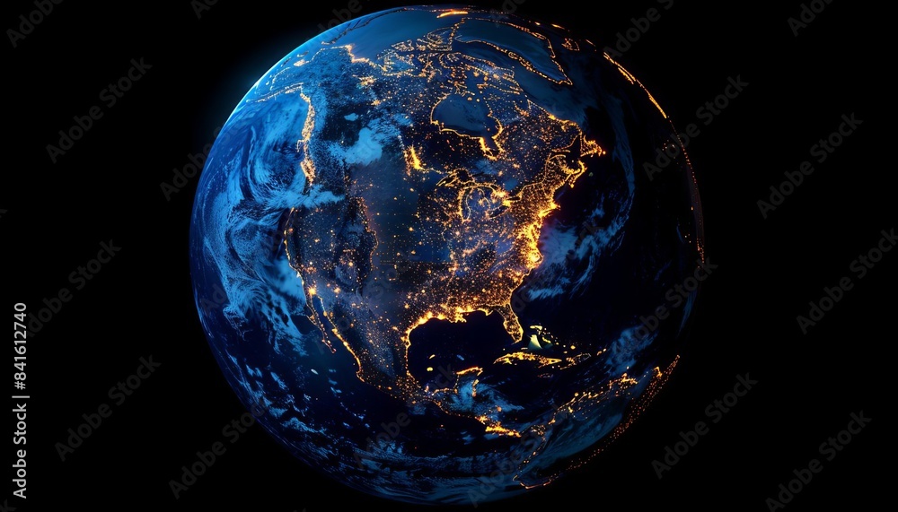 Obraz premium Stunning view of Earth from space at night, showcasing illuminated cities and beautiful natural landscapes under the vast dark sky.