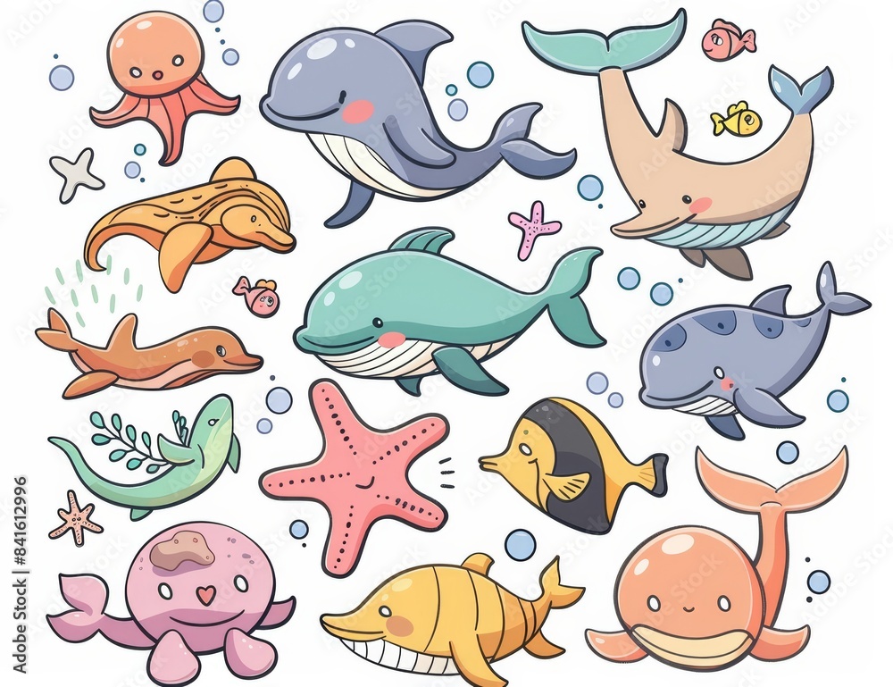 Sea life, dolphins, sharks, ocean crabs, sea turtles, shrimp, and other underwater creatures isolated on white background. Sea life, dolphins, sharks, ocean crabs, sea turtles, shrimp, and other underwater creatures isolated on white background.