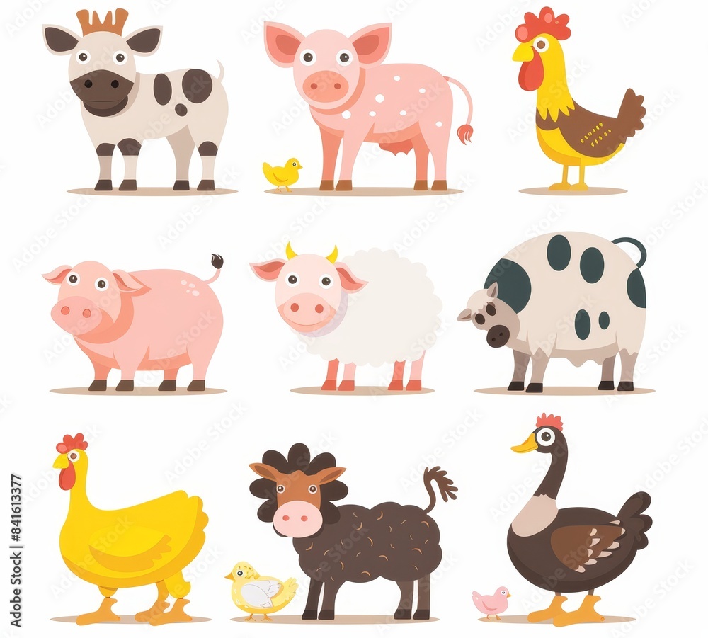 Set of farm animals, including pigs, cows, sheep, hens, chickens, goose roosters, and chickens isolated on white background Set of farm animals, including pigs, cows, sheep, hens, chickens, goose roosters, and chickens isolated on white background