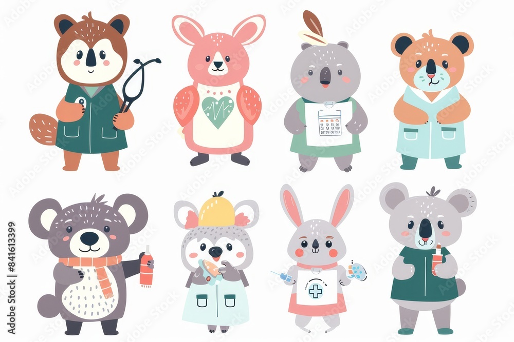 Animal doctors in uniform with various tools. Koala with first aid kit, Fox with stethoscope, Panda as an optometrist, and pediatrician. Modern medical set.