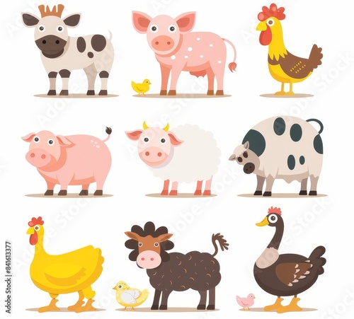 Set of farm animals, including pigs, cows, sheep, hens, chickens, goose roosters, and chickens isolated on white background