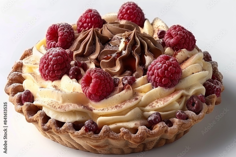 Creamy raspberry tart with chocolate shavings, fresh raspberries, and a flaky crust, perfect for sophisticated dessert lovers and elegant gatherings, featuring vibrant red and brown colors Creamy raspberry tart with chocolate shavings, fresh raspberries, and a flaky crust, perfect for sophisticated dessert lovers and elegant gatherings, featuring vibrant red and brown colors