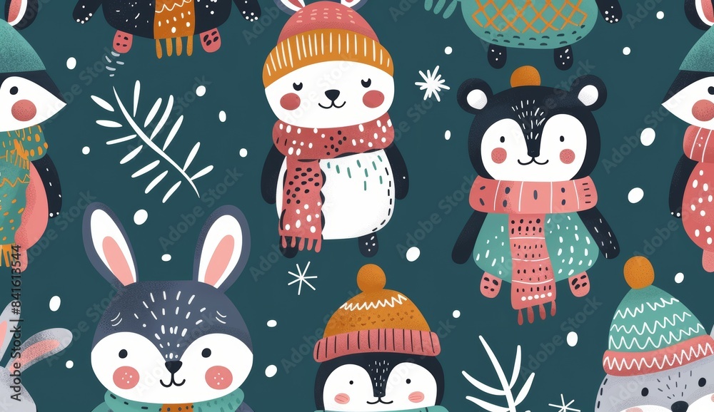 Cartoon animals wearing warm winter scarves and hats. Polar bear, bunny, raccoon, penguin. Red, white, and black modern background. Cartoon animals wearing warm winter scarves and hats. Polar bear, bunny, raccoon, penguin. Red, white, and black modern background.