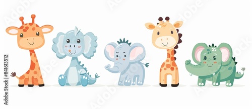 Isolated safari animals on white background in a kawaii style. Modern graphics.