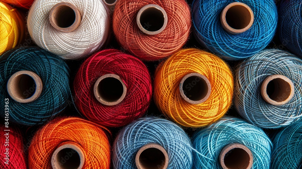 Top view of multicolored sewing threads on fabric Top view of multicolored sewing threads on fabric