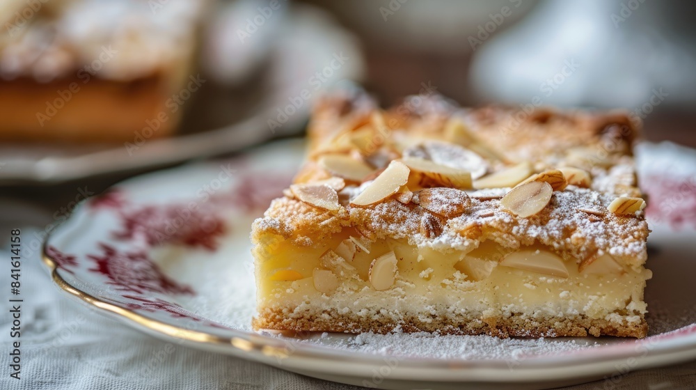 Classic plate featuring a close up of traditional Swedish almond cake topped with almond flakes Classic plate featuring a close up of traditional Swedish almond cake topped with almond flakes