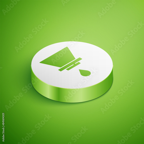 Isometric V60 coffee maker icon isolated on green background. White circle button. Vector