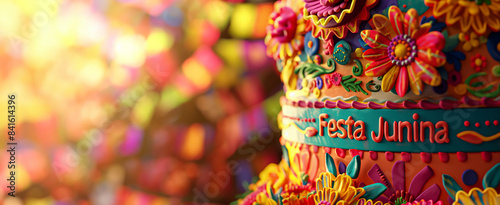 Colorful decorative cake for Festa Junina with flowers and text. Brazilian cultural celebration concept. Design for poster, invitation, and greeting card. Closeup view. photo