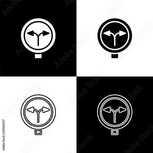 Set Fork in the road icon isolated on black and white background. Vector