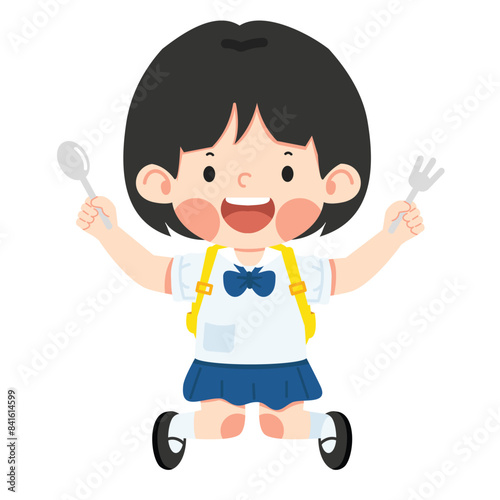 A hungry child holding a fork and spoon