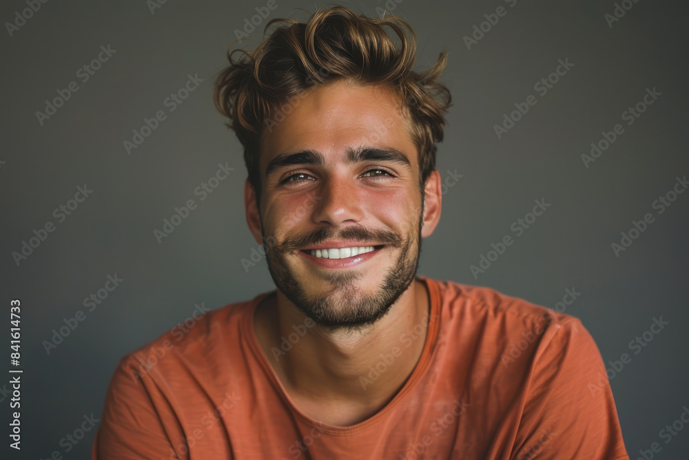 A close up portrait of a young man with a subtle smile