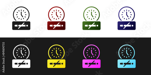 Set No smoking time icon isolated on black and white background. Cigarette smoking prohibited sign. Vector