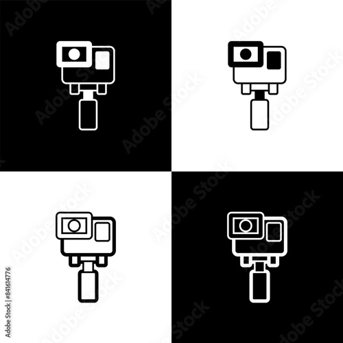 Set Action extreme camera icon isolated on black and white background. Video camera equipment for filming extreme sports. Vector