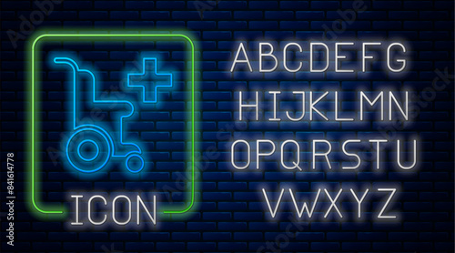 Glowing neon Wheelchair for disabled person icon isolated on brick wall background. Neon light alphabet. Vector