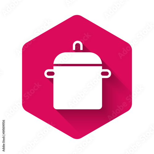 White Cooking pot icon isolated with long shadow background. Boil or stew food symbol. Pink hexagon button. Vector