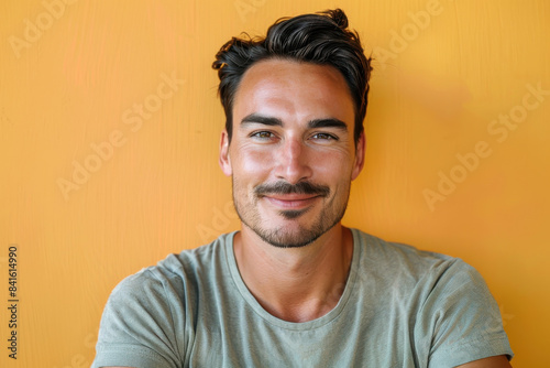 A close up portrait of a young man with a subtle smile