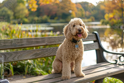 Adorable Labradoodle on bench by pond in park, pet photography photo