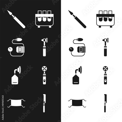Set Medical otoscope tool, Blood pressure, surgery scalpel, Test tube and flask, oxygen mask, Electric toothbrush, saw and protective icon. Vector