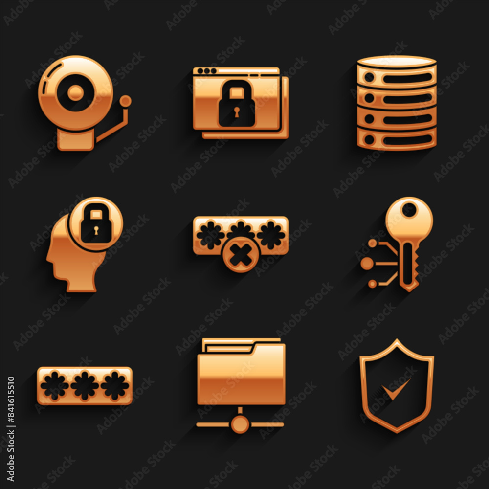 Set Password protection, FTP folder, Shield with check mark, Cryptocurrency key, Human head lock, Server, Data, Web Hosting and Ringing alarm bell icon. Vector Set Password protection, FTP folder, Shield with check mark, Cryptocurrency key, Human head lock, Server, Data, Web Hosting and Ringing alarm bell icon. Vector