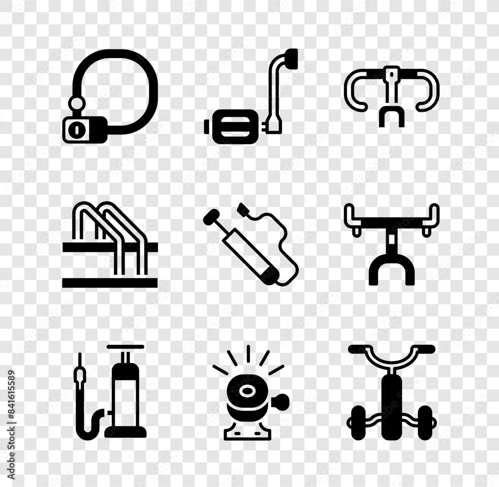 Set Bicycle lock, pedal, handlebar, air pump, bell, for kids, parking and icon. Vector Set Bicycle lock, pedal, handlebar, air pump, bell, for kids, parking and icon. Vector