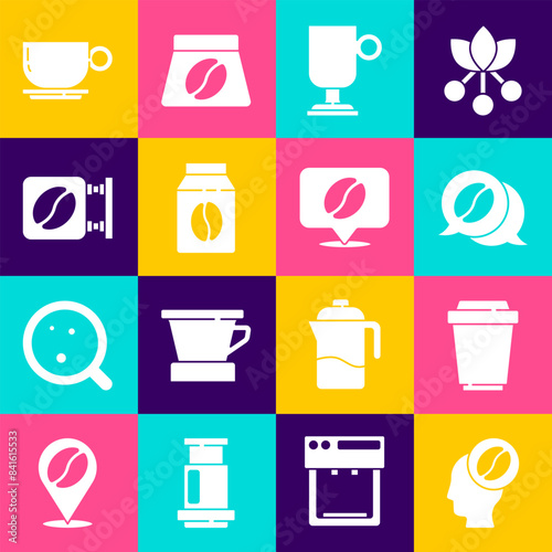 Set Barista, Coffee cup to go, and conversation, Irish coffee, Bag beans, Street signboard, and Location with icon. Vector