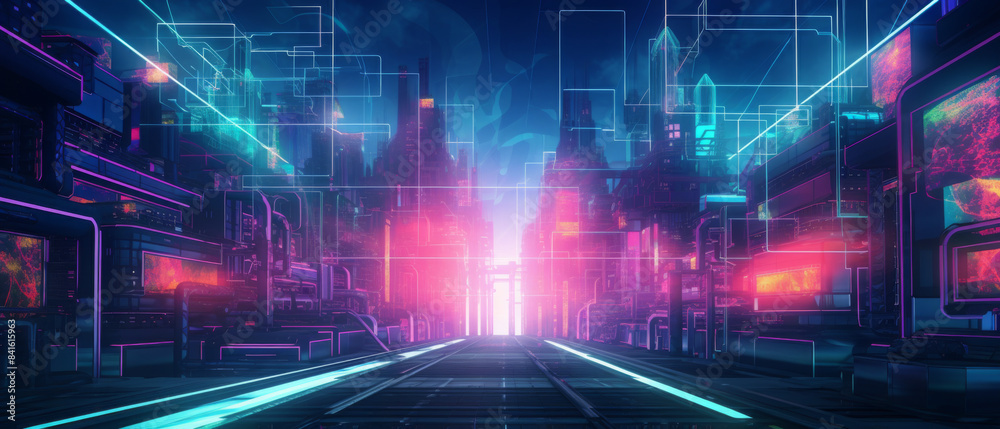 A cityscape with neon lights and a glowing bridge A cityscape with neon lights and a glowing bridge