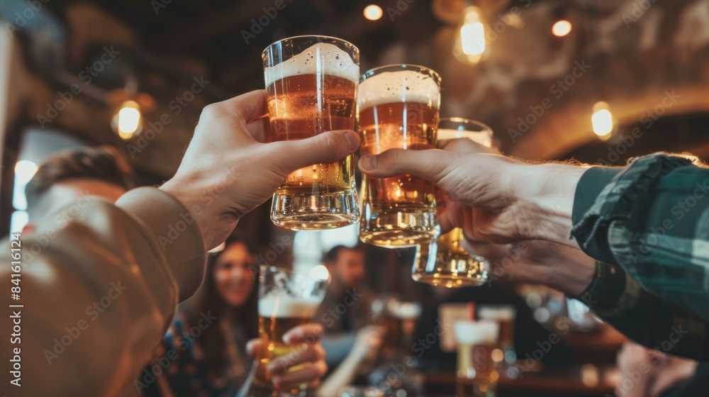Group of friends drinking beer at brewery pub restaurant - Happy people enjoying happy hour sitting at bar table - Close-up image of brew glasses - Food and beverage lifestyle concept.